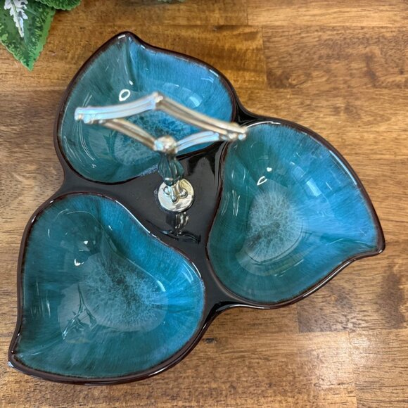 Mid Century Drip Glaze Tri-Leaf Snack Dish Retro Teal Brown Pottery Handle Tray - Picture 4 of 6